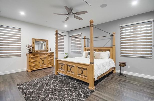 Bedroom, Interior, Recessed Lighting, Wood Texture Flooring