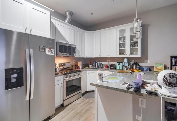 Interior, Kitchen, Pendant Lights, Recessed Lighting, Stainless Steel Appliances, Wood Texture Flooring