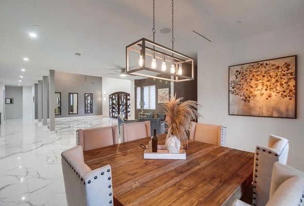Dining room, Interior, Marble, Pendant Lights, Recessed Lighting