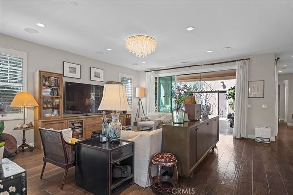 Chandelier, Interior, Living room, Recessed Lighting, Wood Texture Flooring