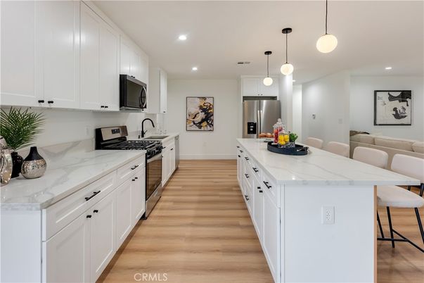 Interior, Kitchen, Pendant Lights, Recessed Lighting, Stainless Steel Appliances, Wood Texture Flooring