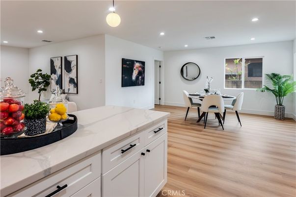 Dining room, Interior, Pendant Lights, Recessed Lighting, Wood Texture Flooring