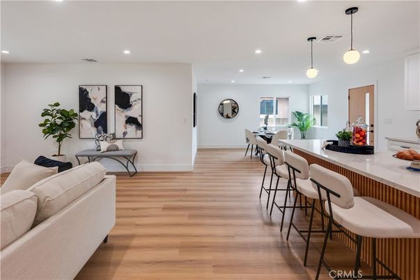 Dining room, Interior, Living room, Pendant Lights, Recessed Lighting, Wood Texture Flooring