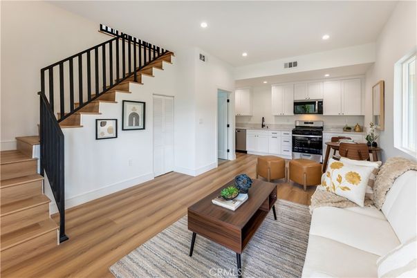 Interior, Kitchen, Living room, Recessed Lighting, Stainless Steel Appliances, Wood Texture Flooring