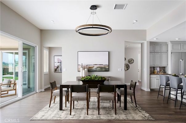 Dining room, Interior, Pendant Lights, Recessed Lighting, Wood Texture Flooring