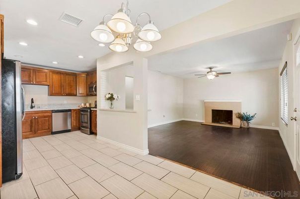 Fireplace, Interior, Kitchen, Recessed Lighting, Wood Texture Flooring