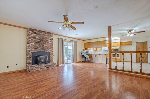 Empty room, Fireplace, Interior, Kitchen, Stone Walls, Wood Texture Flooring