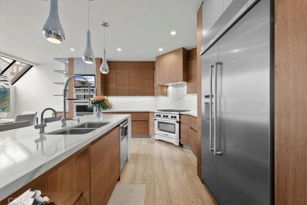Interior, Kitchen, Pendant Lights, Recessed Lighting, Stainless Steel Appliances, Wood Texture Flooring