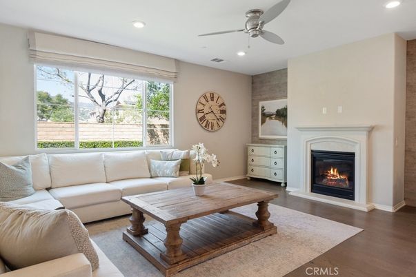 Fireplace, Interior, Living room, Recessed Lighting, Wood Texture Flooring