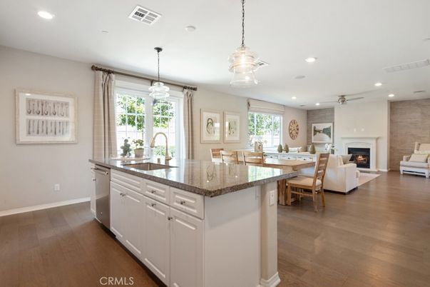 Dining room, Fireplace, Interior, Kitchen, Living room, Pendant Lights, Recessed Lighting, Wood Texture Flooring