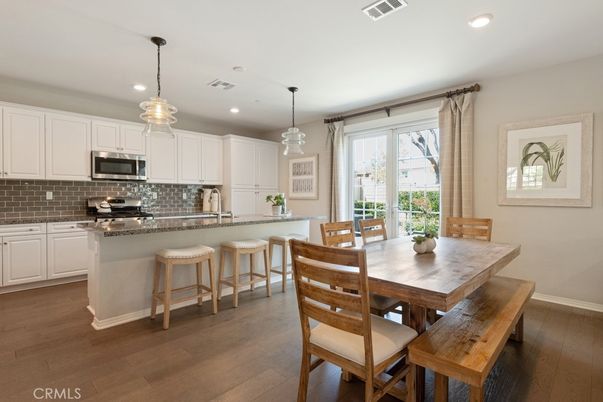 Dining room, Interior, Kitchen, Pendant Lights, Recessed Lighting, Wood Texture Flooring
