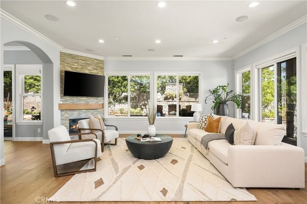 Fireplace, Interior, Living room, Recessed Lighting, Wood Texture Flooring