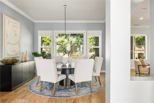 Dining room, Interior, Pendant Lights, Recessed Lighting, Wood Texture Flooring