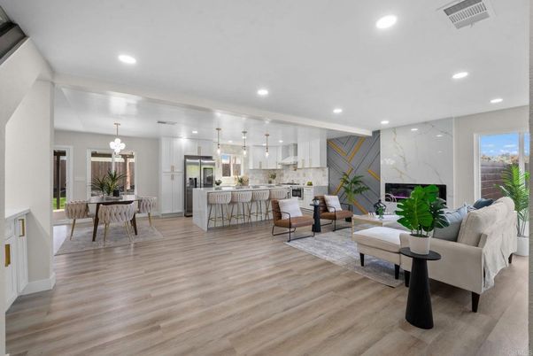 Dining room, Fireplace, Interior, Kitchen, Living room, Marble Walls, Pendant Lights, Recessed Lighting, Wood Texture Flooring