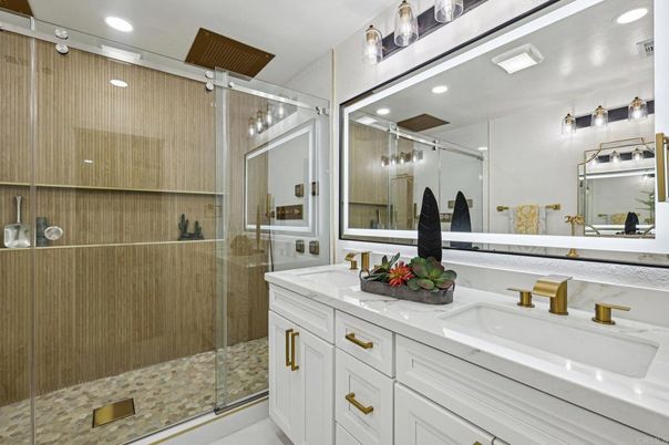 Bathroom, Dual Sink Vanities, Glass Shower, Interior, Recessed Lighting