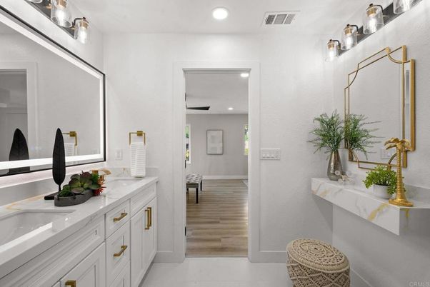 Bathroom, Dual Sink Vanities, Interior, Recessed Lighting, Wood Texture Flooring