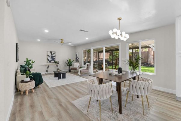 Chandelier, Dining room, Interior, Living room, Pendant Lights, Recessed Lighting, Wood Texture Flooring