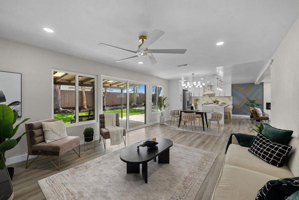 Dining room, Interior, Living room, Pendant Lights, Recessed Lighting, Wood Texture Flooring