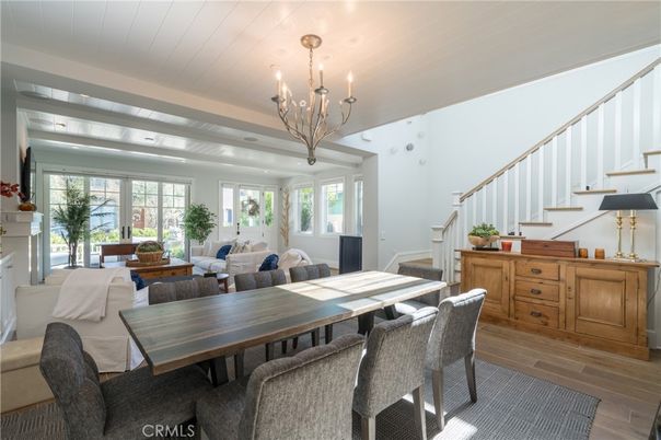 Chandelier, Dining room, Fireplace, Interior, Living room, Wood Texture Flooring