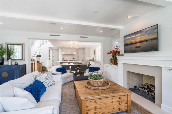 Chandelier, Dining room, Fireplace, Interior, Kitchen, Living room, Recessed Lighting