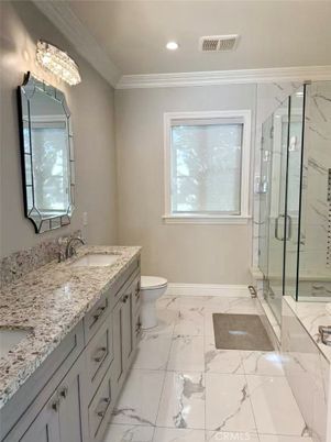 Bathroom, Dual Sink Vanities, Glass Shower, Interior, Marble, Recessed Lighting