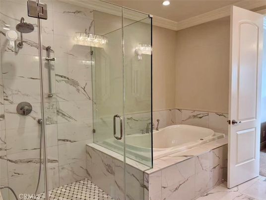 Bathroom, Glass Shower, Interior, Marble Walls, Recessed Lighting