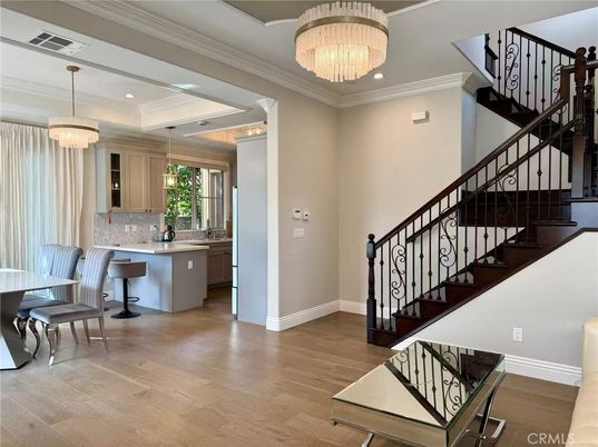 Chandelier, Interior, Kitchen, Recessed Lighting, Wood Texture Flooring