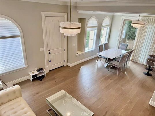 Chandelier, Dining room, Interior, Wood Texture Flooring