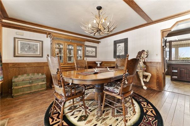 Chandelier, Dining room, Interior, Wooden Beams, Wood Texture Flooring