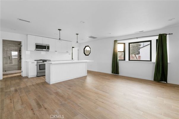 Interior, Kitchen, Pendant Lights, Recessed Lighting, Stainless Steel Appliances, Wood Texture Flooring