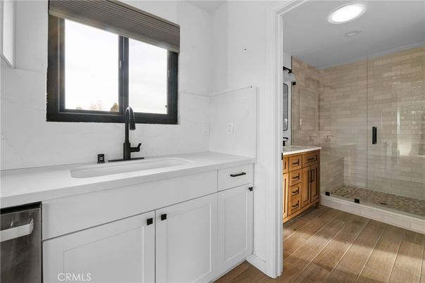Bathroom, Glass Shower, Interior, Recessed Lighting, Wood Texture Flooring
