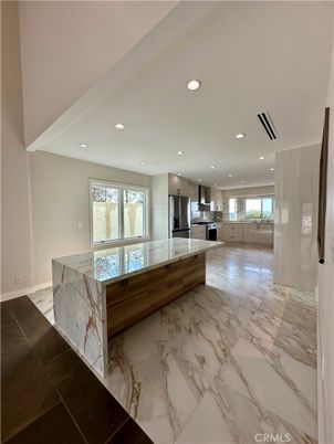 Interior, Kitchen, Marble, Recessed Lighting, Stainless Steel Appliances