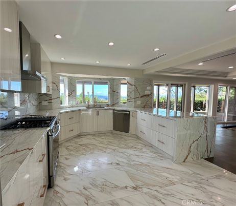 Interior, Kitchen, Marble, Marble Walls, Recessed Lighting, Stainless Steel Appliances