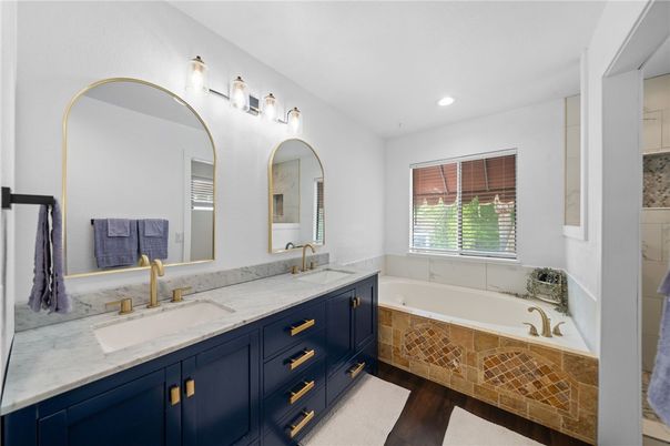 Bathroom, Dual Sink Vanities, Interior, Recessed Lighting, Wood Texture Flooring