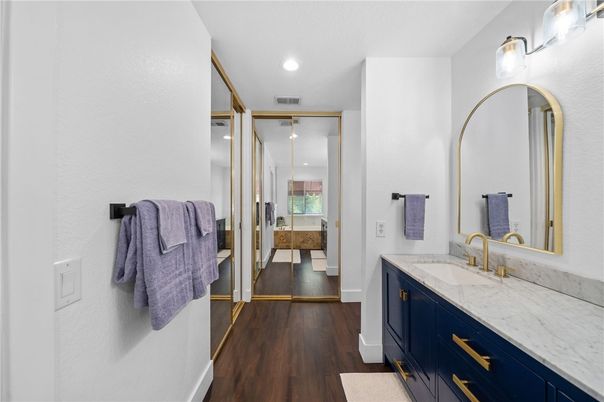 Bathroom, Glass Shower, Interior, Recessed Lighting, Wood Texture Flooring