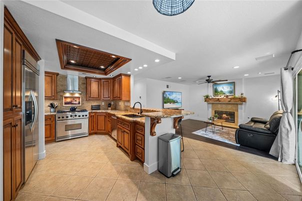 Fireplace, Interior, Kitchen, Recessed Lighting, Stainless Steel Appliances