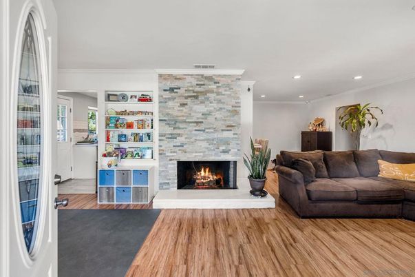 Fireplace, Interior, Living room, Recessed Lighting, Wood Texture Flooring