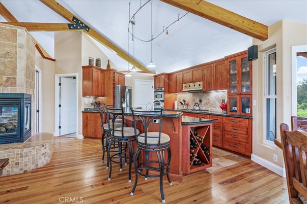 Interior, Kitchen, Pendant Lights, Stone Walls, Wooden Beams, Wood Texture Flooring