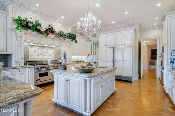 Chandelier, Interior, Kitchen, Recessed Lighting, Stainless Steel Appliances, Wood Texture Flooring