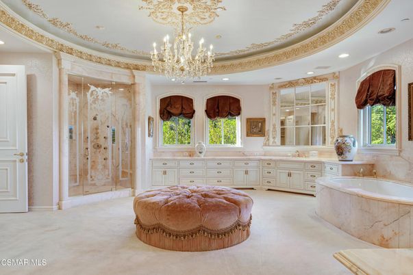 Bathroom, Chandelier, Glass Shower, Interior, Recessed Lighting