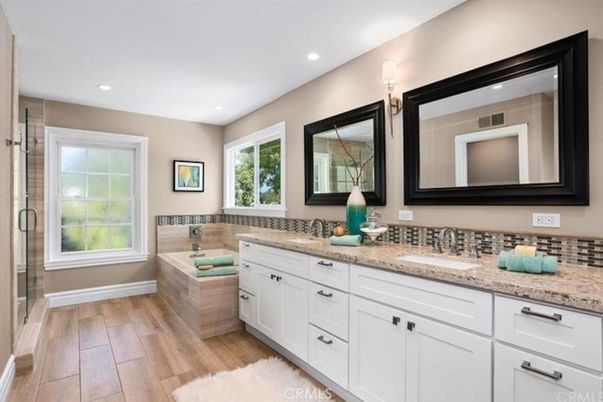 Bathroom, Dual Sink Vanities, Interior, Recessed Lighting, Wood Texture Flooring