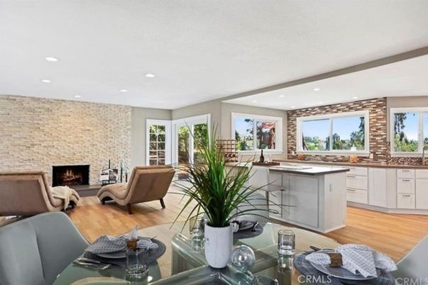 Fireplace, Interior, Kitchen, Living room, Recessed Lighting, Stone Walls, Wood Texture Flooring