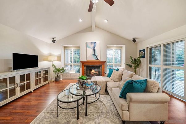 Fireplace, Interior, Living room, Recessed Lighting, Wood Texture Flooring