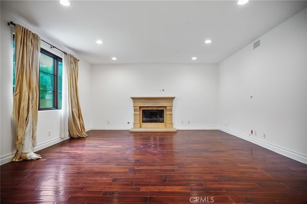 Empty room, Fireplace, Interior, Recessed Lighting, Wood Texture Flooring