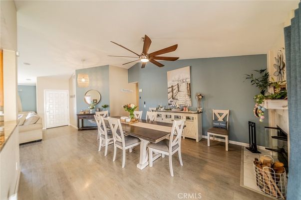 Dining room, Fireplace, Interior, Pendant Lights, Wood Texture Flooring