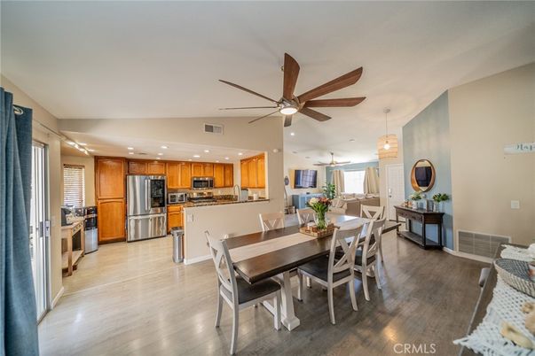 Dining room, Interior, Kitchen, Pendant Lights, Recessed Lighting, Stainless Steel Appliances, Wood Texture Flooring