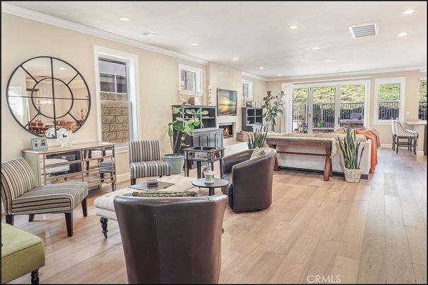 Fireplace, Interior, Living room, Recessed Lighting, Wood Texture Flooring