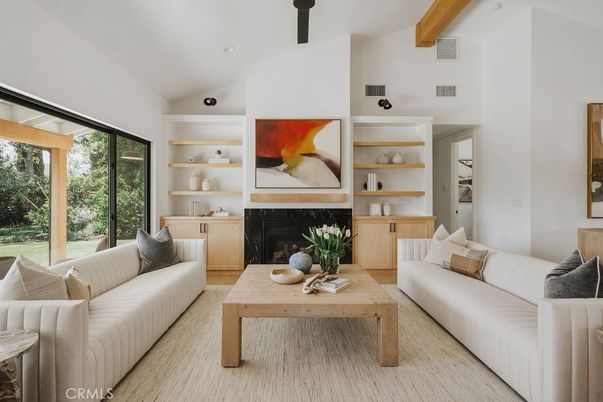 Fireplace, Interior, Living room, Recessed Lighting, Wooden Beams, Wood Texture Flooring