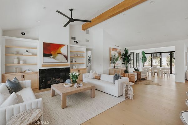 Dining room, Fireplace, Interior, Living room, Recessed Lighting, Wooden Beams, Wood Texture Flooring