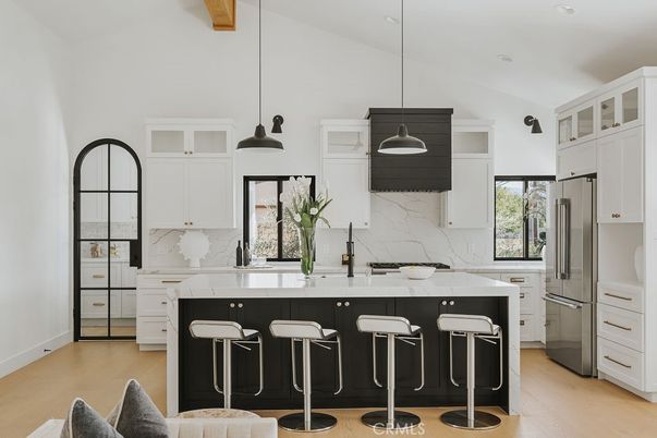 Interior, Kitchen, Marble Walls, Pendant Lights, Recessed Lighting, Stainless Steel Appliances, Wood Texture Flooring